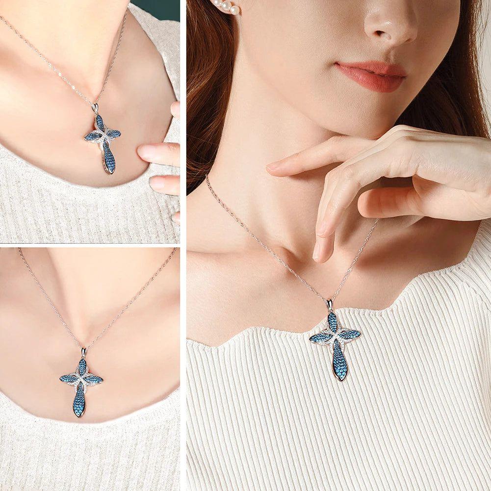 Elegant 925 Sterling Silver Cross Pendant Necklace with 1.4ct Blue Nano Crystal Gems on Fine O-Chain - Lucid Fantasy 