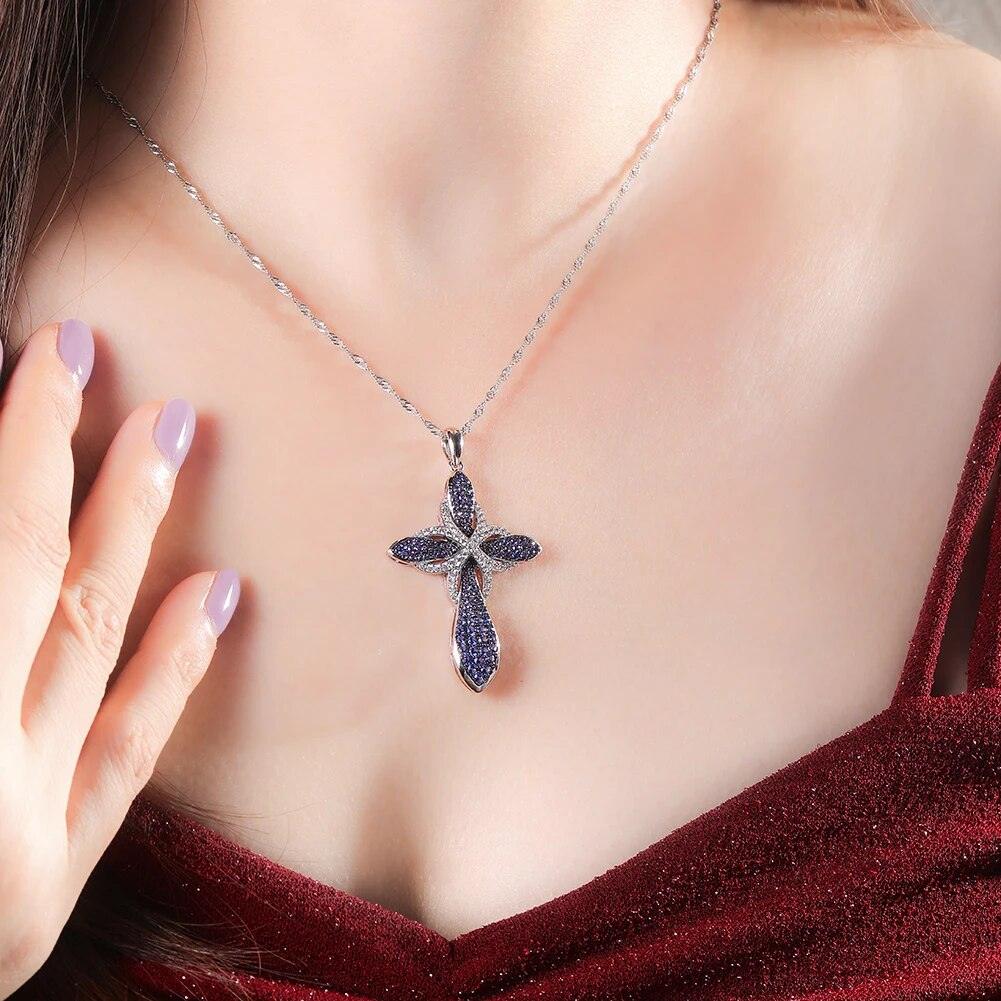 Elegant 925 Sterling Silver Cross Pendant Necklace with 1.4ct Blue Nano Crystal Gems on Fine O-Chain - Lucid Fantasy 