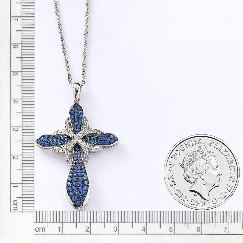 Elegant 925 Sterling Silver Cross Pendant Necklace with 1.4ct Blue Nano Crystal Gems on Fine O-Chain - Lucid Fantasy 