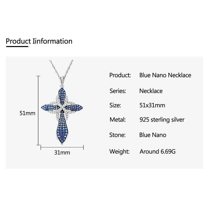 Elegant 925 Sterling Silver Cross Pendant Necklace with 1.4ct Blue Nano Crystal Gems on Fine O-Chain - Lucid Fantasy 