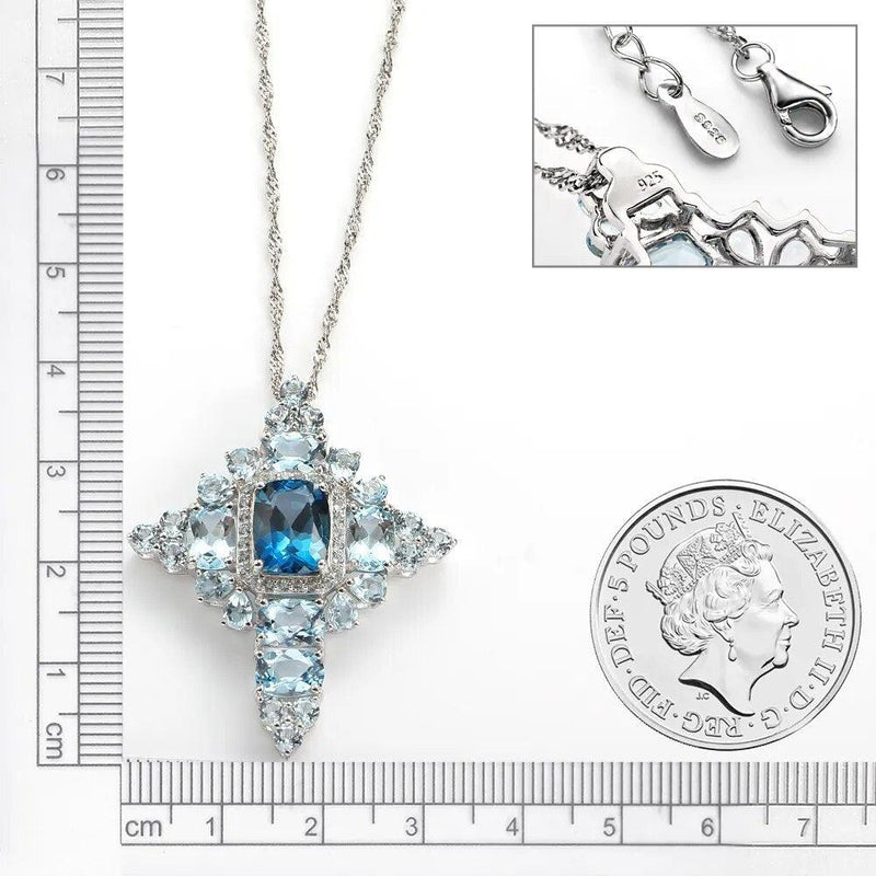 Elegant 925 Sterling Silver Cross Pendant Necklace with 11.83ct Natural Blue Topaz and Sky Blue Topaz Accents - Lucid Fantasy 