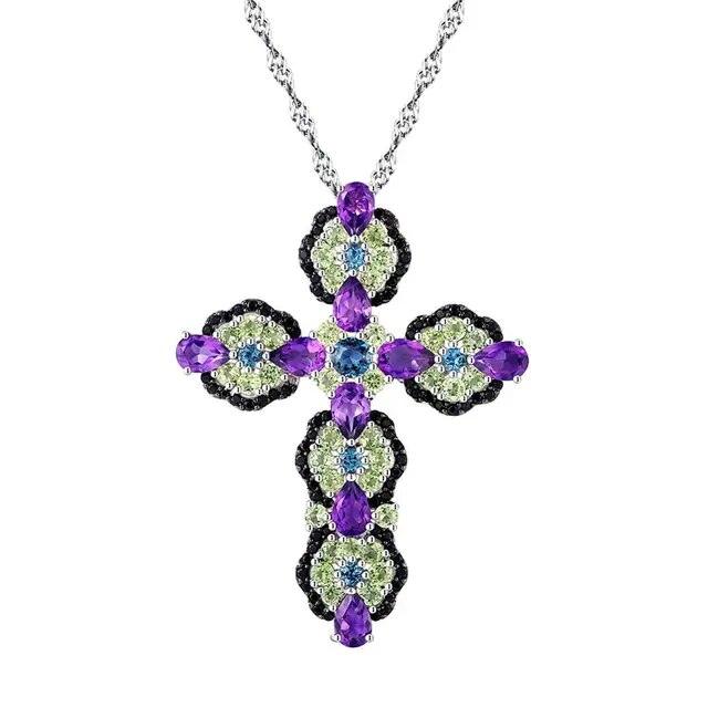 Elegant 925 Sterling Silver Cross Pendant Necklace with 8 ct. Natural Topaz and Amethyst Gems - Luxurious Fine Jewelry - Lucid Fantasy 