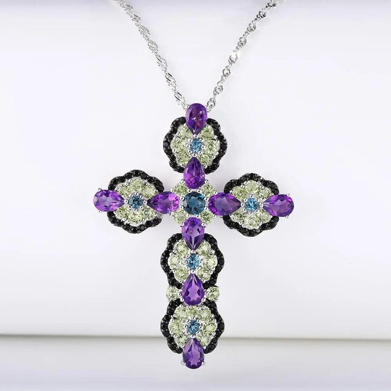 Elegant 925 Sterling Silver Cross Pendant Necklace with 8 ct. Natural Topaz and Amethyst Gems - Luxurious Fine Jewelry - Lucid Fantasy 