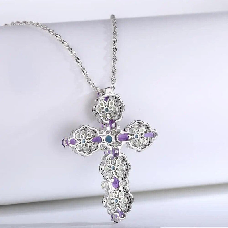 Elegant 925 Sterling Silver Cross Pendant Necklace with 8 ct. Natural Topaz and Amethyst Gems - Luxurious Fine Jewelry - Lucid Fantasy 