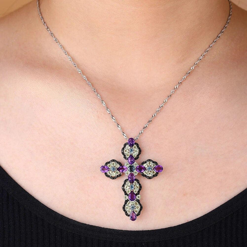 Elegant 925 Sterling Silver Cross Pendant Necklace with 8 ct. Natural Topaz and Amethyst Gems - Luxurious Fine Jewelry - Lucid Fantasy 