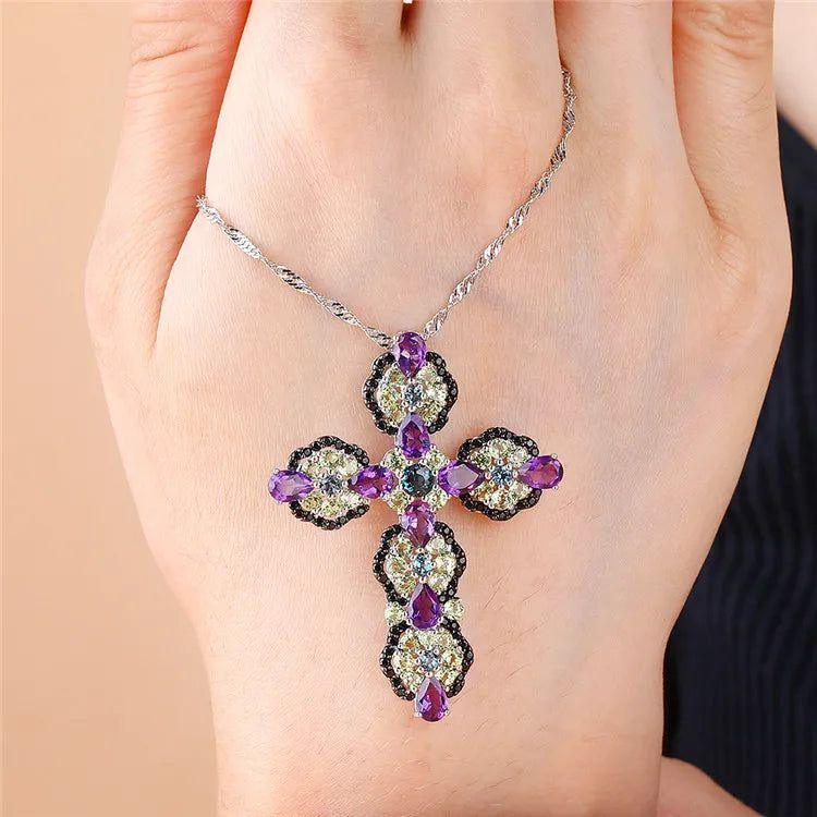 Elegant 925 Sterling Silver Cross Pendant Necklace with 8 ct. Natural Topaz and Amethyst Gems - Luxurious Fine Jewelry - Lucid Fantasy 