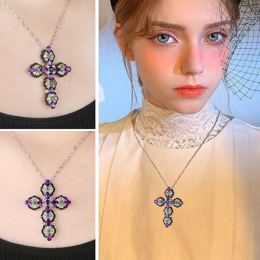 Elegant 925 Sterling Silver Cross Pendant Necklace with 8 ct. Natural Topaz and Amethyst Gems - Luxurious Fine Jewelry - Lucid Fantasy 