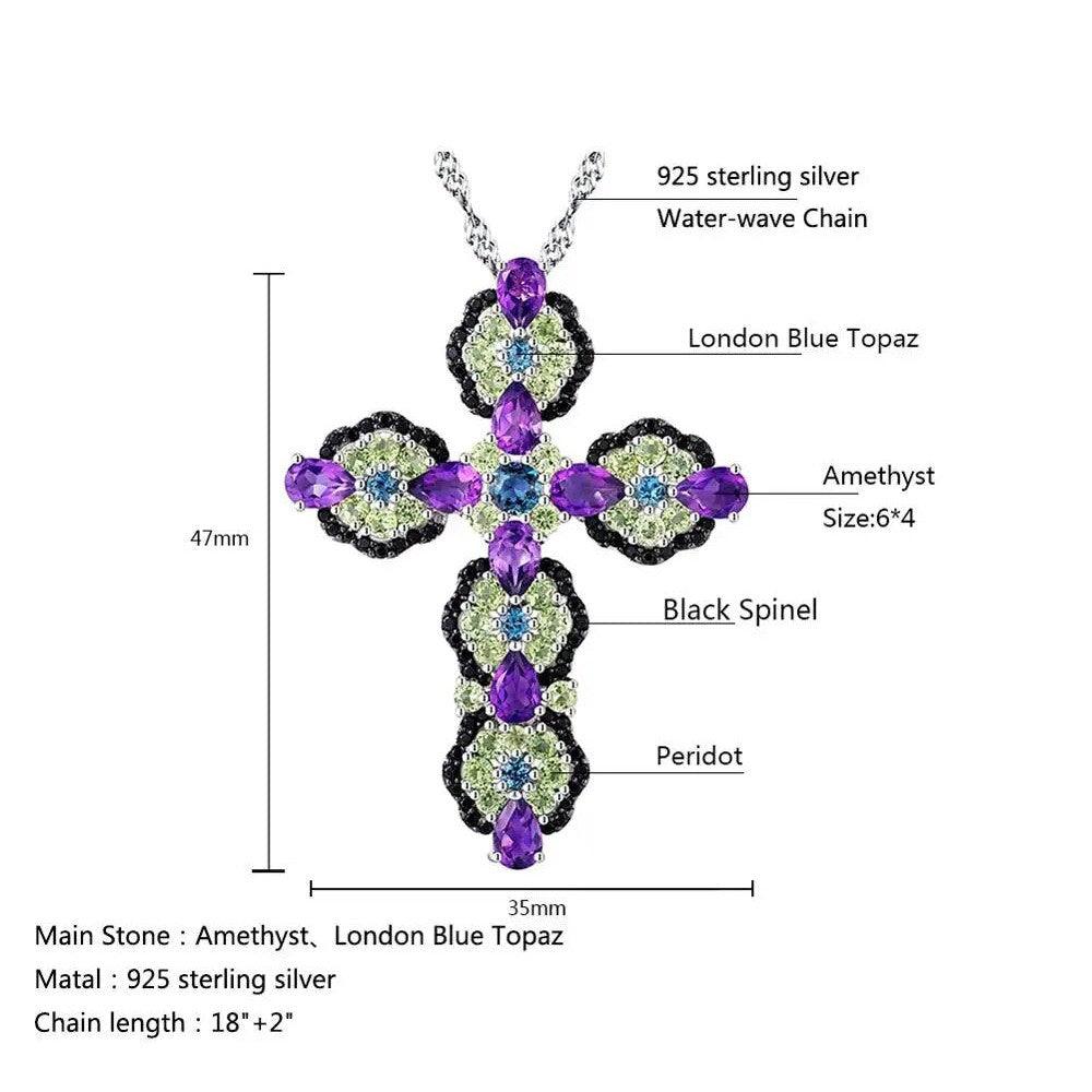 Elegant 925 Sterling Silver Cross Pendant Necklace with 8 ct. Natural Topaz and Amethyst Gems - Luxurious Fine Jewelry - Lucid Fantasy 