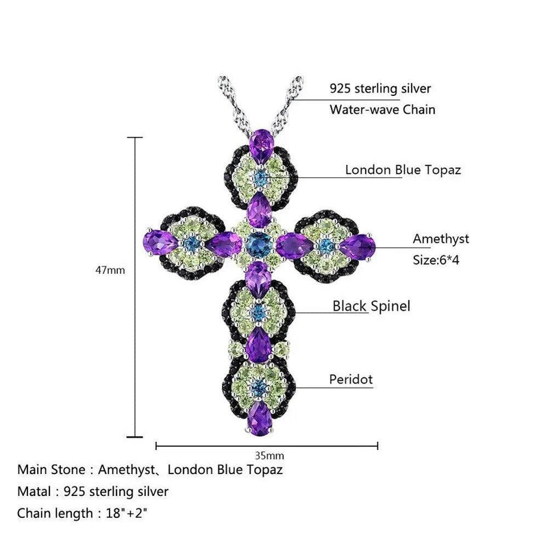 Elegant 925 Sterling Silver Cross Pendant Necklace with 8 ct. Natural Topaz and Amethyst Gems - Luxurious Fine Jewelry - Lucid Fantasy 