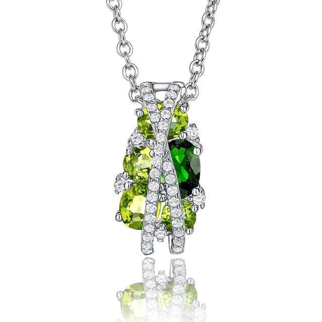 Elegant 925 Sterling Silver Gemstone Pendant Necklace with Chrome Diopside, Amethyst, Swiss Blue Topaz, and Rhodolite - Lucid Fantasy 