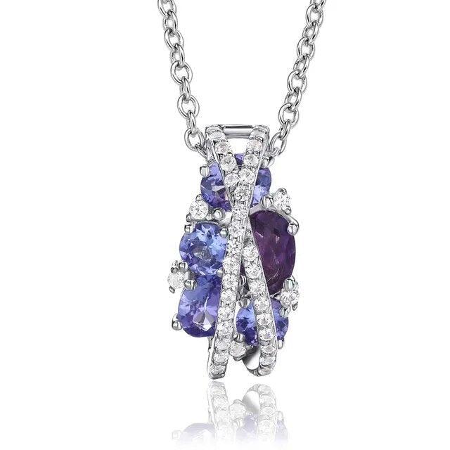 Elegant 925 Sterling Silver Gemstone Pendant Necklace with Chrome Diopside, Amethyst, Swiss Blue Topaz, and Rhodolite - Lucid Fantasy 