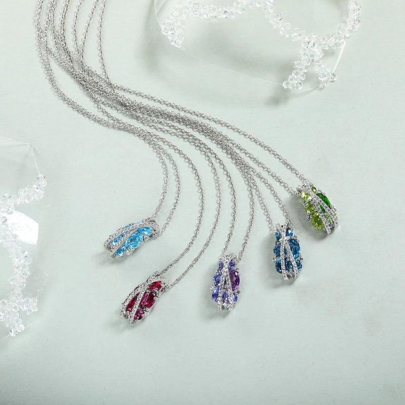 Elegant 925 Sterling Silver Gemstone Pendant Necklace with Chrome Diopside, Amethyst, Swiss Blue Topaz, and Rhodolite - Lucid Fantasy 