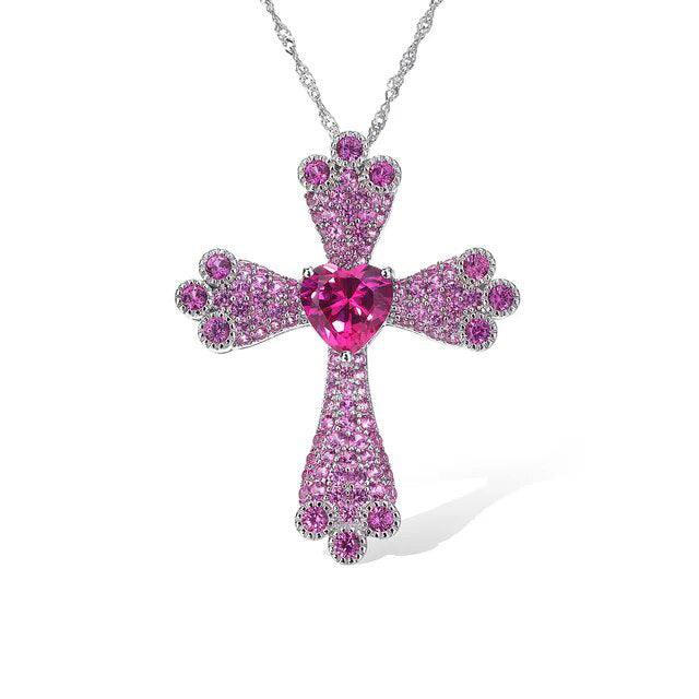 Elegant 925 Sterling Silver Heart Cross Necklace with Created Pink Sapphire Pendant - Lucid Fantasy 