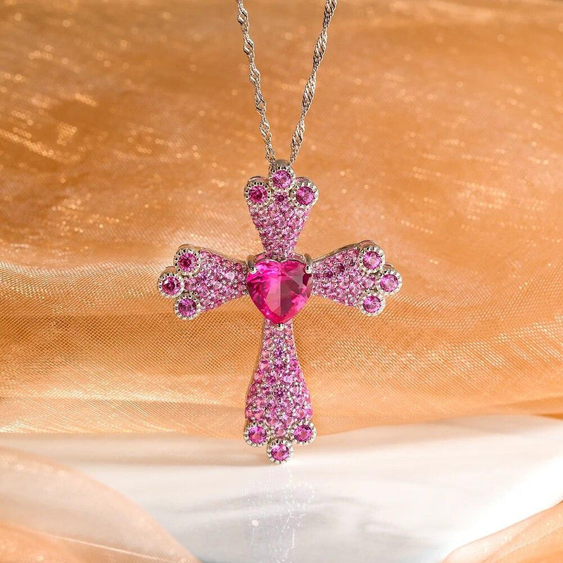 Elegant 925 Sterling Silver Heart Cross Necklace with Created Pink Sapphire Pendant - Lucid Fantasy 