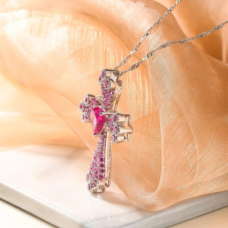 Elegant 925 Sterling Silver Heart Cross Necklace with Created Pink Sapphire Pendant - Lucid Fantasy 