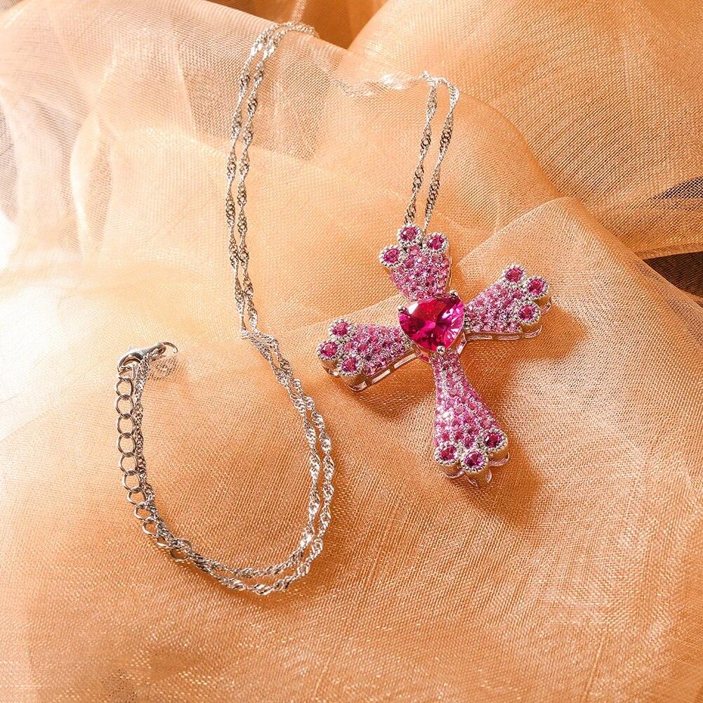 Elegant 925 Sterling Silver Heart Cross Necklace with Created Pink Sapphire Pendant - Lucid Fantasy 