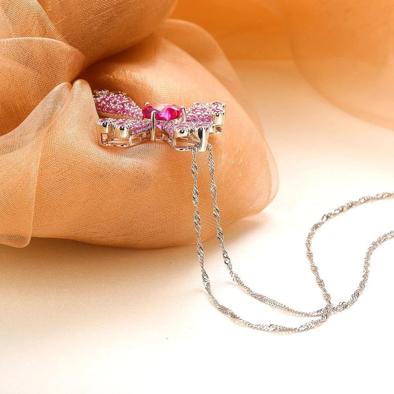 Elegant 925 Sterling Silver Heart Cross Necklace with Created Pink Sapphire Pendant - Lucid Fantasy 