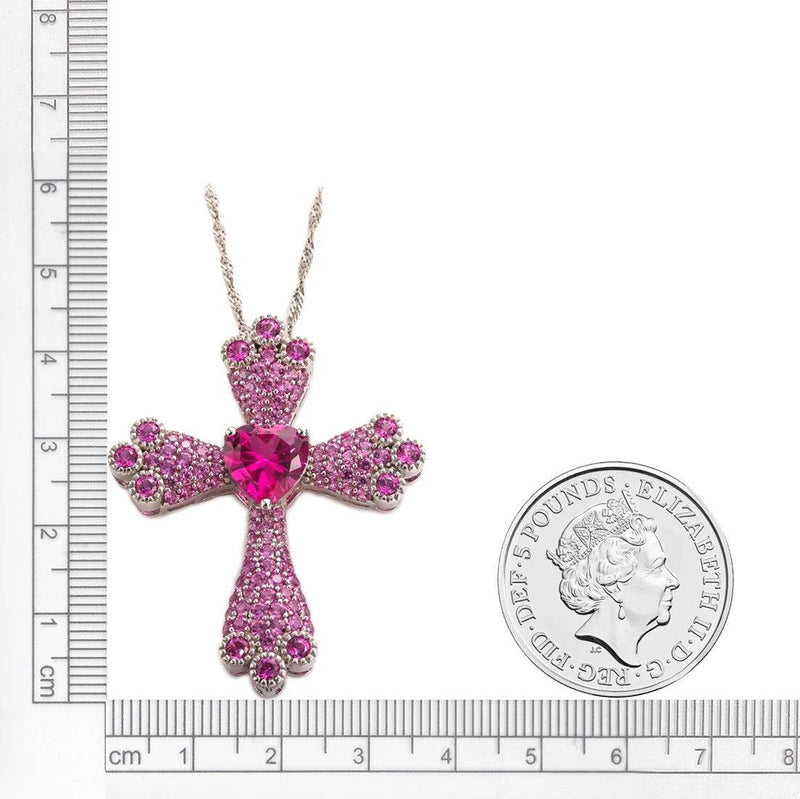 Elegant 925 Sterling Silver Heart Cross Necklace with Created Pink Sapphire Pendant - Lucid Fantasy 