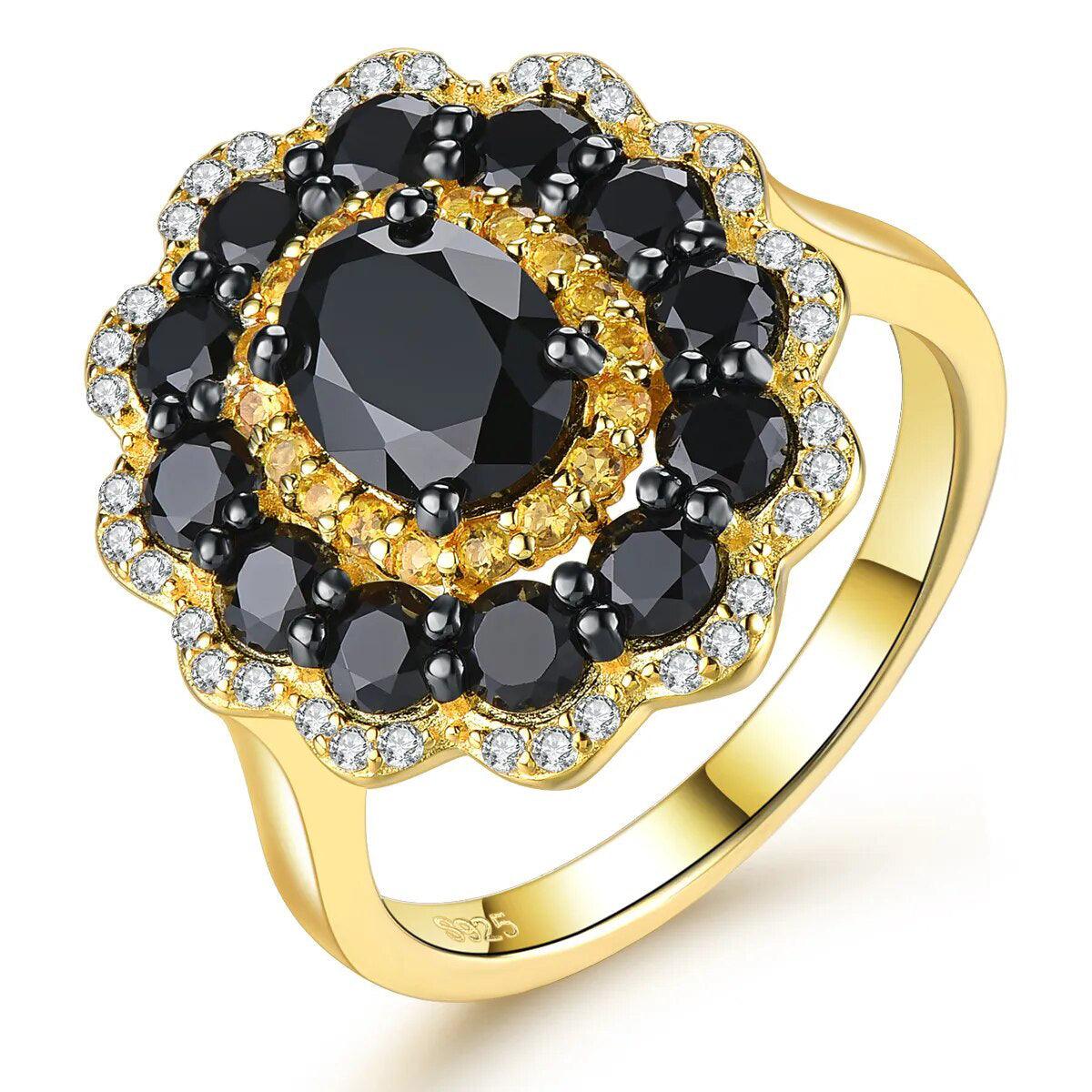 Elegant Black Spinel and Citrine Silver Ring with Yellow Gold Plating - 3.5 Carats Fine Jewelry Design - Lucid Fantasy 