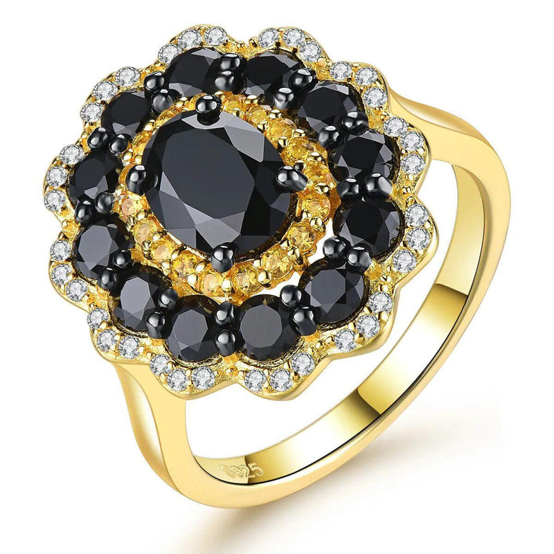 Elegant Black Spinel and Citrine Silver Ring with Yellow Gold Plating - 3.5 Carats Fine Jewelry Design - Lucid Fantasy 