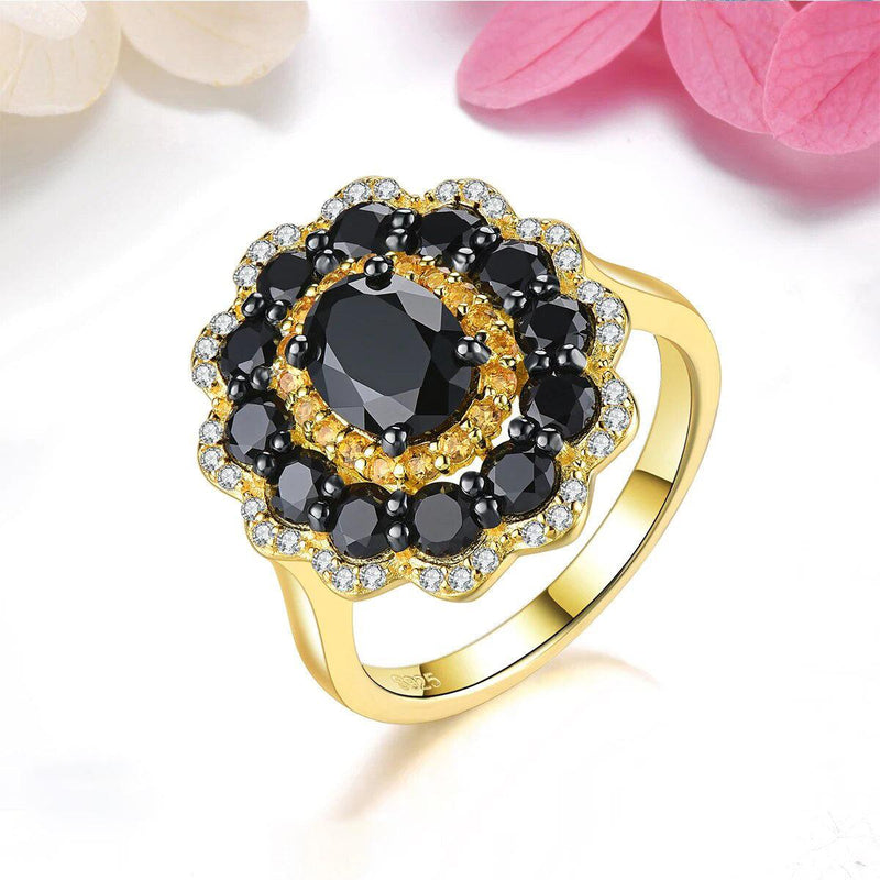 Elegant Black Spinel and Citrine Silver Ring with Yellow Gold Plating - 3.5 Carats Fine Jewelry Design - Lucid Fantasy 