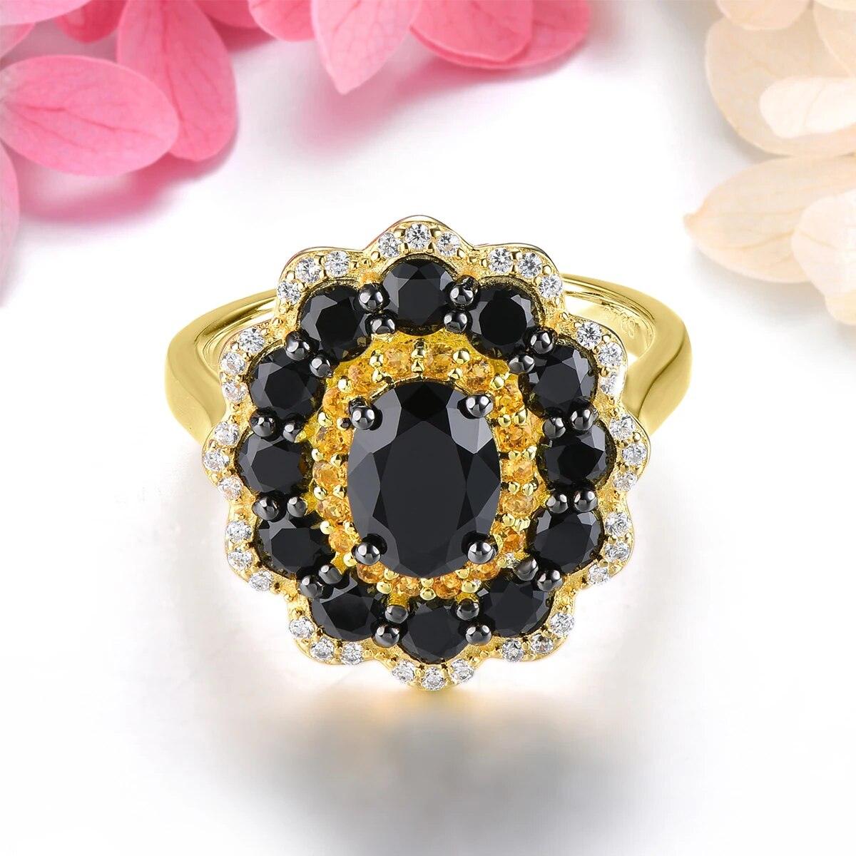 Elegant Black Spinel and Citrine Silver Ring with Yellow Gold Plating - 3.5 Carats Fine Jewelry Design - Lucid Fantasy 