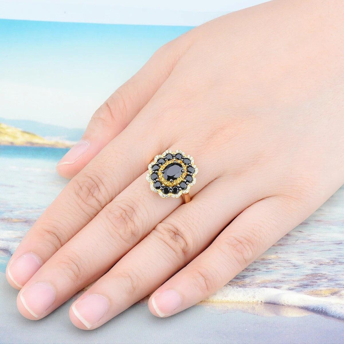 Elegant Black Spinel and Citrine Silver Ring with Yellow Gold Plating - 3.5 Carats Fine Jewelry Design - Lucid Fantasy 