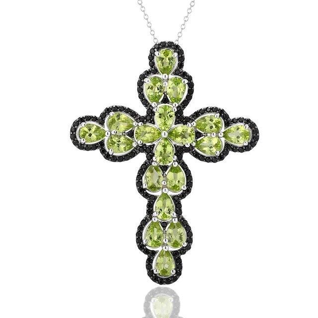 Elegant Cross Necklace with Natural Peridot and Black Spinel in 925 Sterling Silver - Lucid Fantasy 