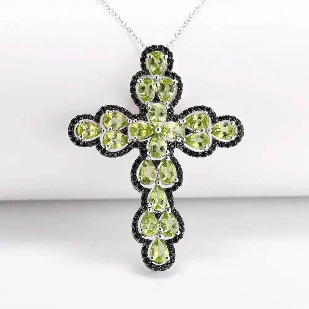 Elegant Cross Necklace with Natural Peridot and Black Spinel in 925 Sterling Silver - Lucid Fantasy 