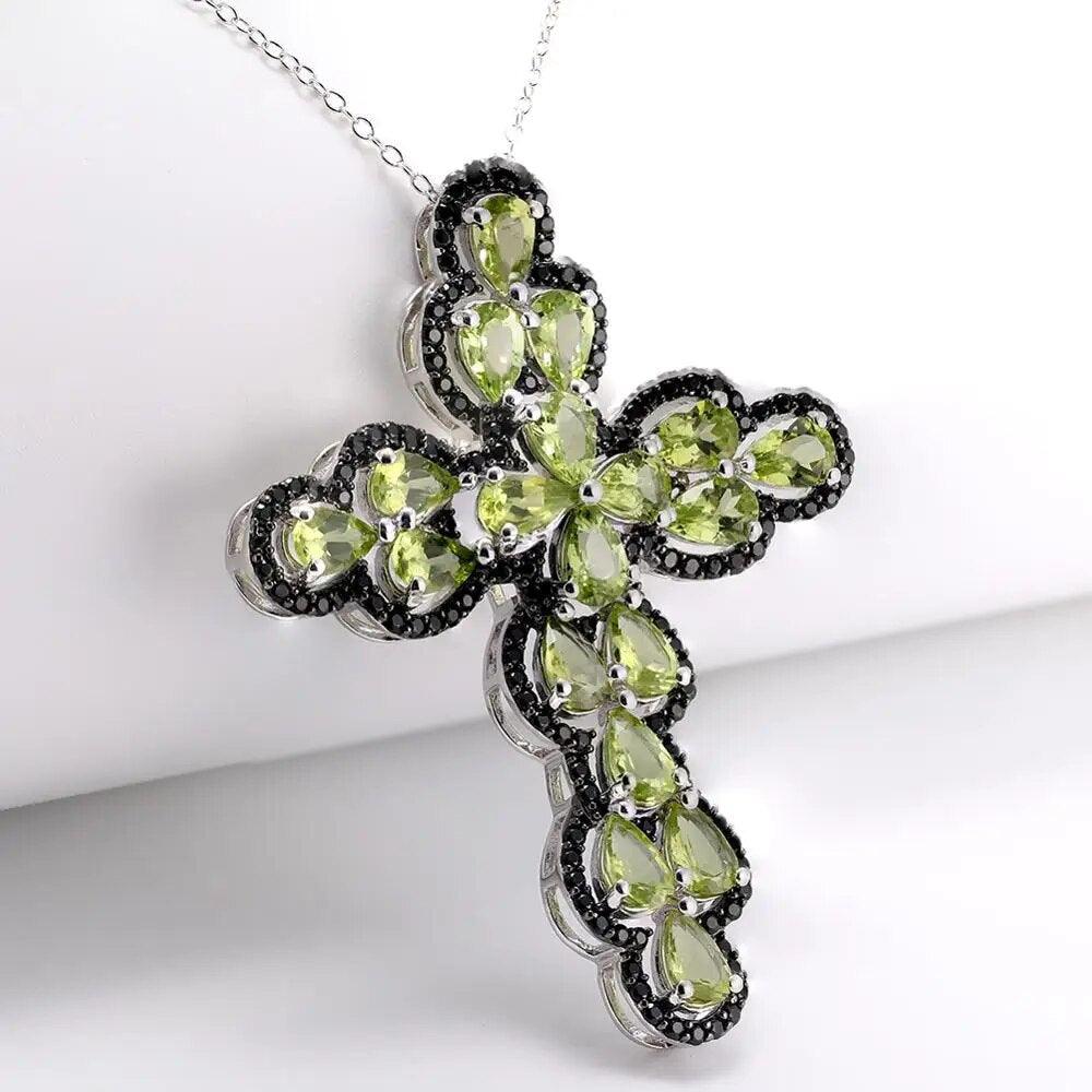 Elegant Cross Necklace with Natural Peridot and Black Spinel in 925 Sterling Silver - Lucid Fantasy 