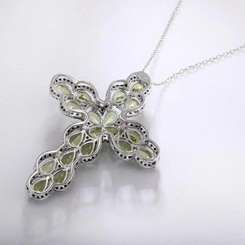 Elegant Cross Necklace with Natural Peridot and Black Spinel in 925 Sterling Silver - Lucid Fantasy 