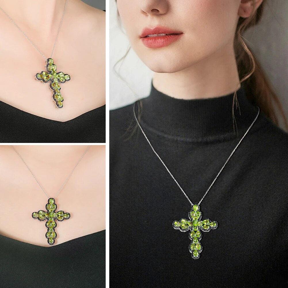 Elegant Cross Necklace with Natural Peridot and Black Spinel in 925 Sterling Silver - Lucid Fantasy 