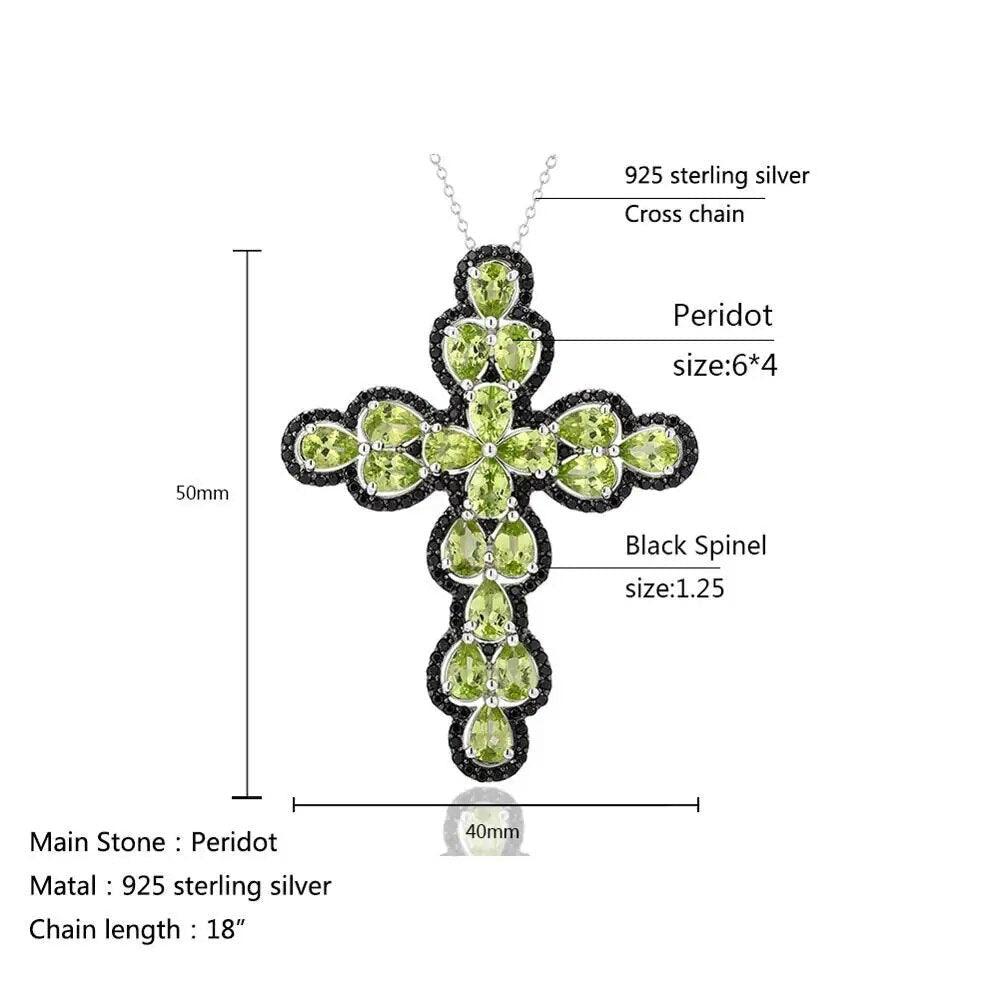 Elegant Cross Necklace with Natural Peridot and Black Spinel in 925 Sterling Silver - Lucid Fantasy 