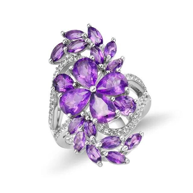 Elegant Flower Design 925 Sterling Silver Ring with 7ct Amethyst or Garnet Gemstones for Women - Lucid Fantasy 