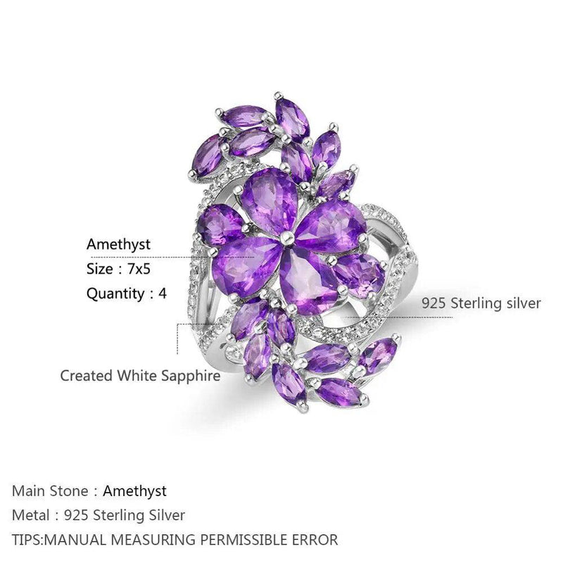 Elegant Flower Design 925 Sterling Silver Ring with 7ct Amethyst or Garnet Gemstones for Women - Lucid Fantasy 