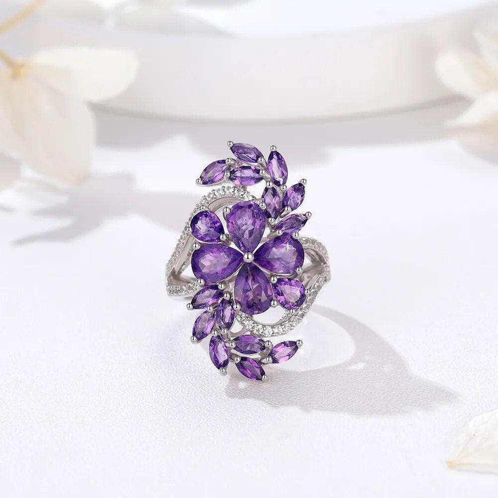 Elegant Flower Design 925 Sterling Silver Ring with 7ct Amethyst or Garnet Gemstones for Women - Lucid Fantasy 