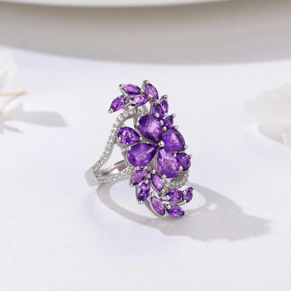 Elegant Flower Design 925 Sterling Silver Ring with 7ct Amethyst or Garnet Gemstones for Women - Lucid Fantasy 