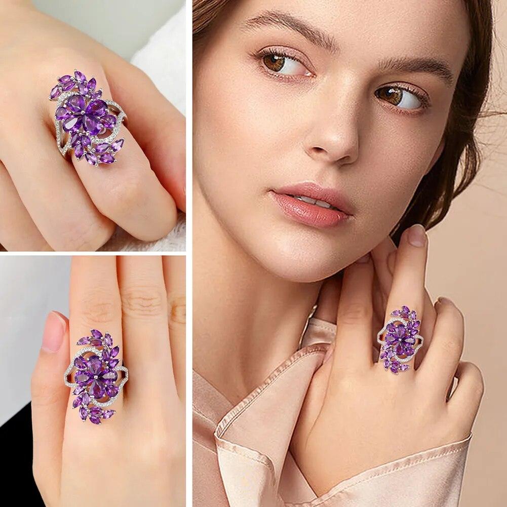 Elegant Flower Design 925 Sterling Silver Ring with 7ct Amethyst or Garnet Gemstones for Women - Lucid Fantasy 