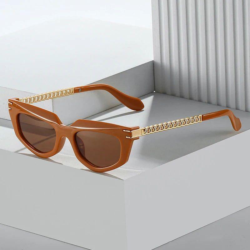 Elegant Polygon Cat Eye Sunglasses with Retro Metal Chain and UV400 Protection - Lucid Fantasy 