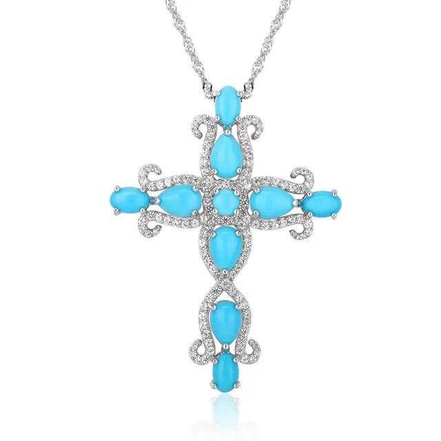 Elegant Sterling Silver Cross Necklace with 5.5 Carat Natural Turquoise Pendant for Women - Lucid Fantasy 