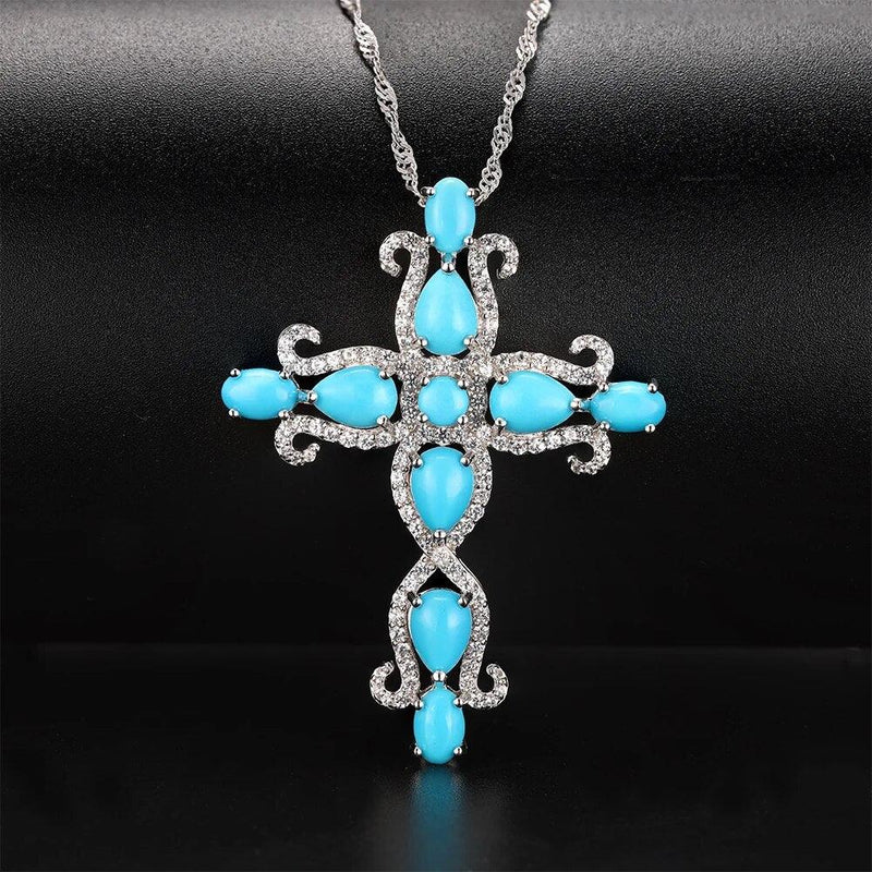 Elegant Sterling Silver Cross Necklace with 5.5 Carat Natural Turquoise Pendant for Women - Lucid Fantasy 