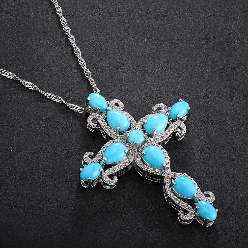 Elegant Sterling Silver Cross Necklace with 5.5 Carat Natural Turquoise Pendant for Women - Lucid Fantasy 