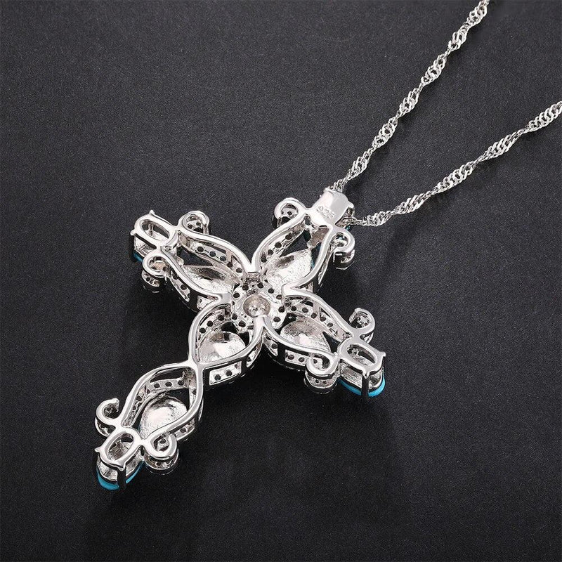 Elegant Sterling Silver Cross Necklace with 5.5 Carat Natural Turquoise Pendant for Women - Lucid Fantasy 