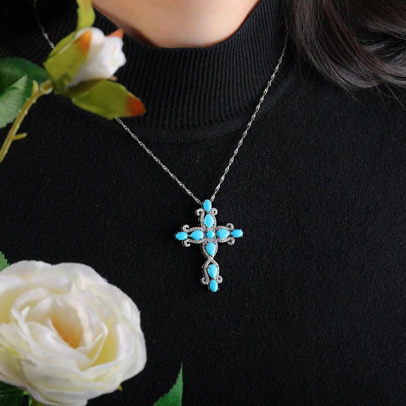 Elegant Sterling Silver Cross Necklace with 5.5 Carat Natural Turquoise Pendant for Women - Lucid Fantasy 