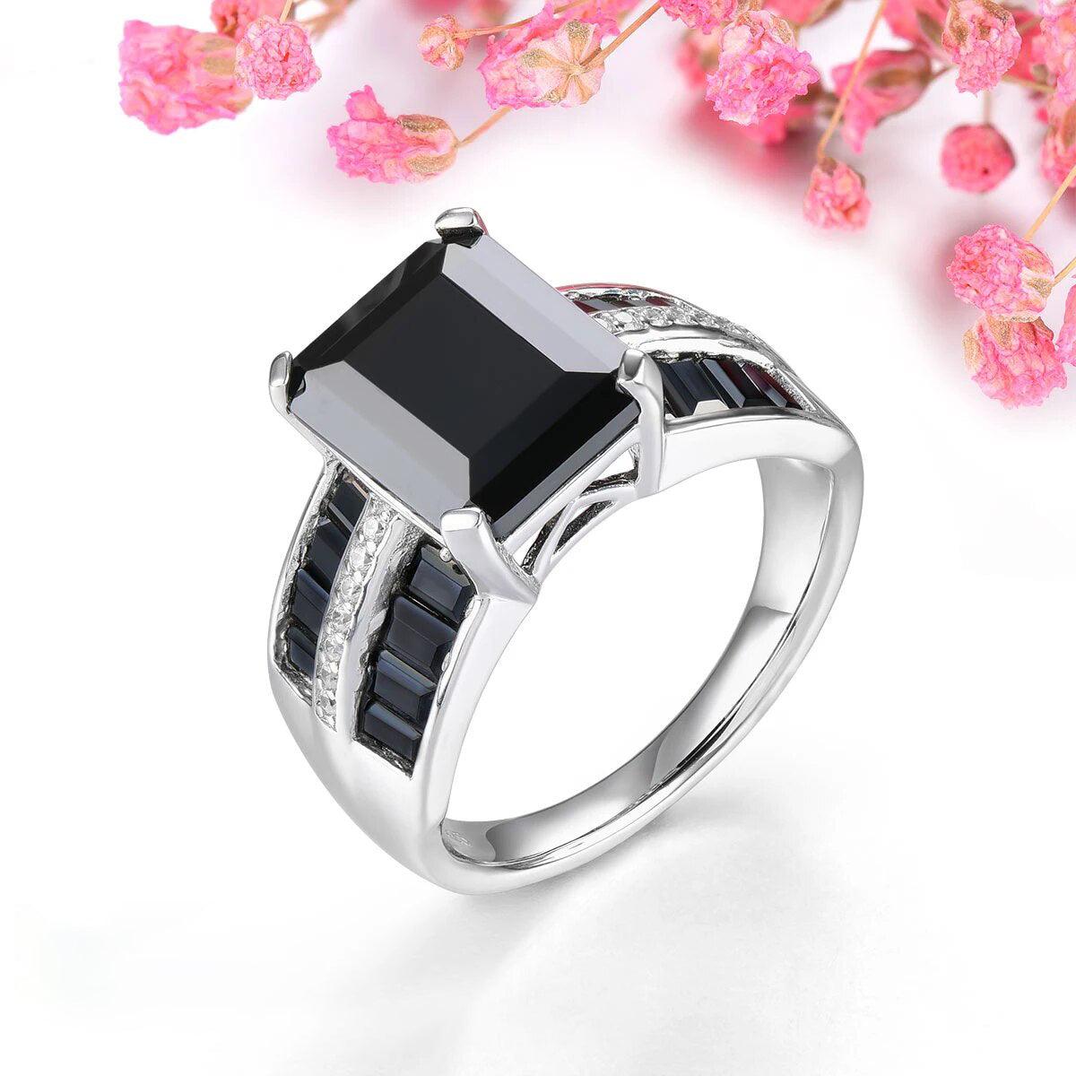 Elegant Unisex Black Spinel Octagon Ring in Sterling Silver - 6.2 Carats Fine Jewelry - Lucid Fantasy 