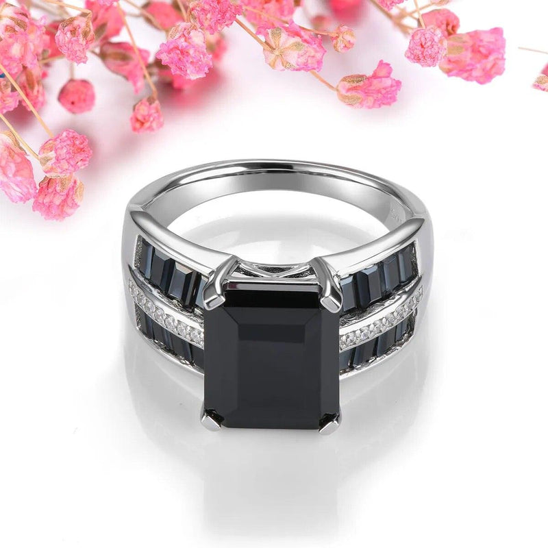 Elegant Unisex Black Spinel Octagon Ring in Sterling Silver - 6.2 Carats Fine Jewelry - Lucid Fantasy 