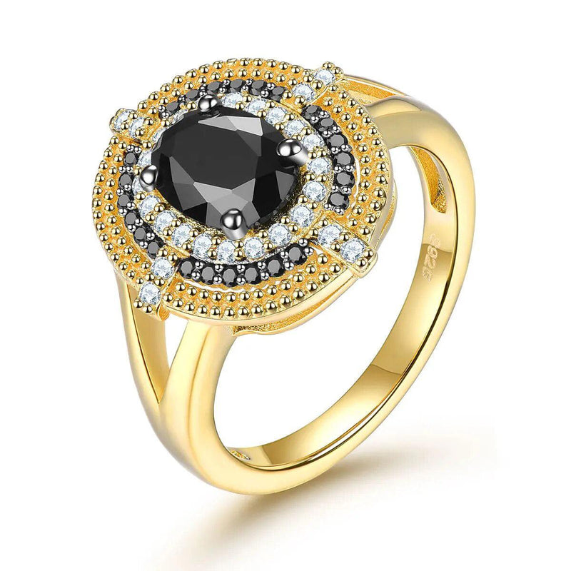 Elegant Vintage Black Spinel and Sterling Silver Ring with Yellow Gold Plating - 1.6 Carats - Lucid Fantasy 