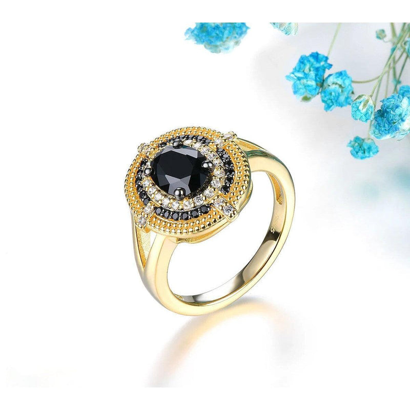 Elegant Vintage Black Spinel and Sterling Silver Ring with Yellow Gold Plating - 1.6 Carats - Lucid Fantasy 