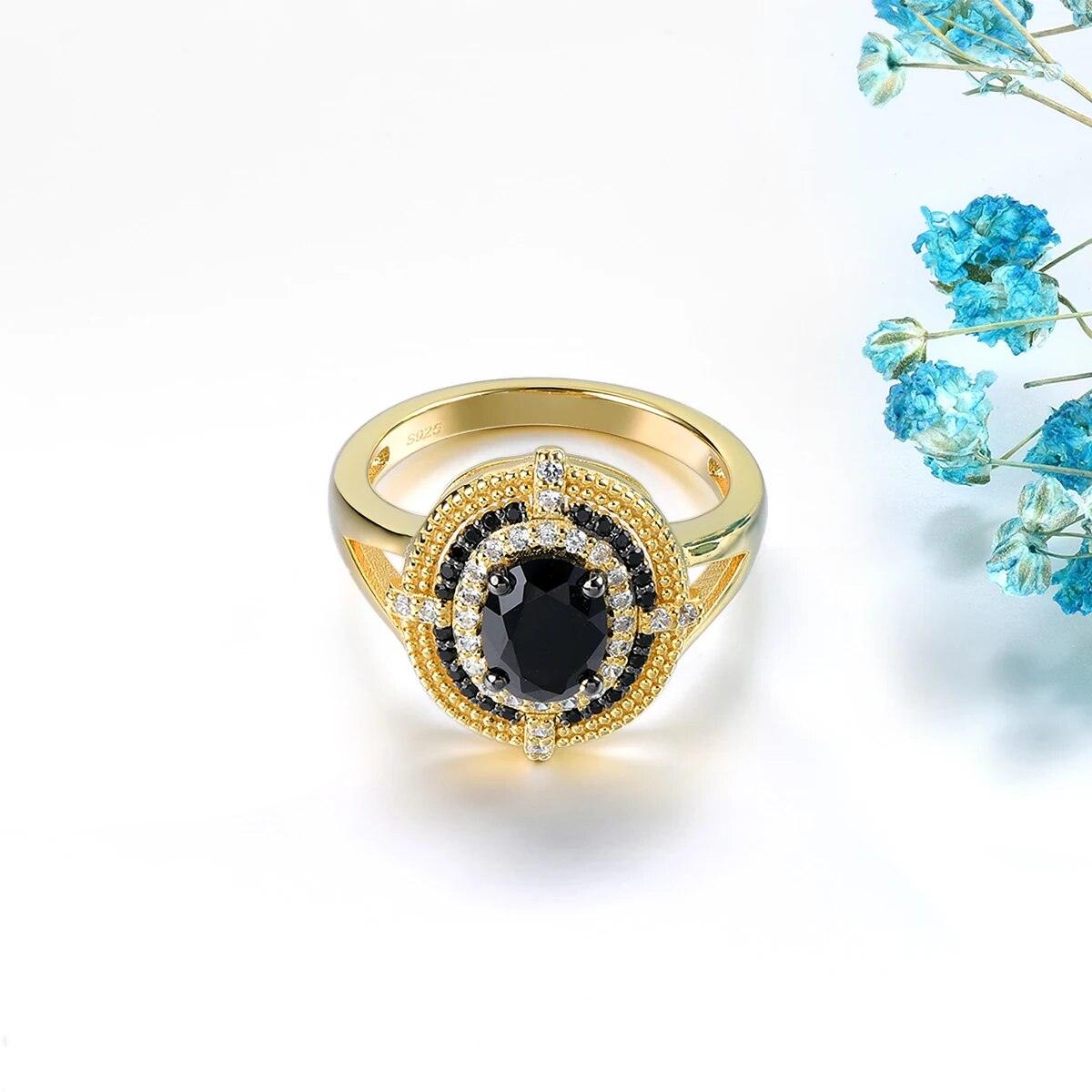 Elegant Vintage Black Spinel and Sterling Silver Ring with Yellow Gold Plating - 1.6 Carats - Lucid Fantasy 