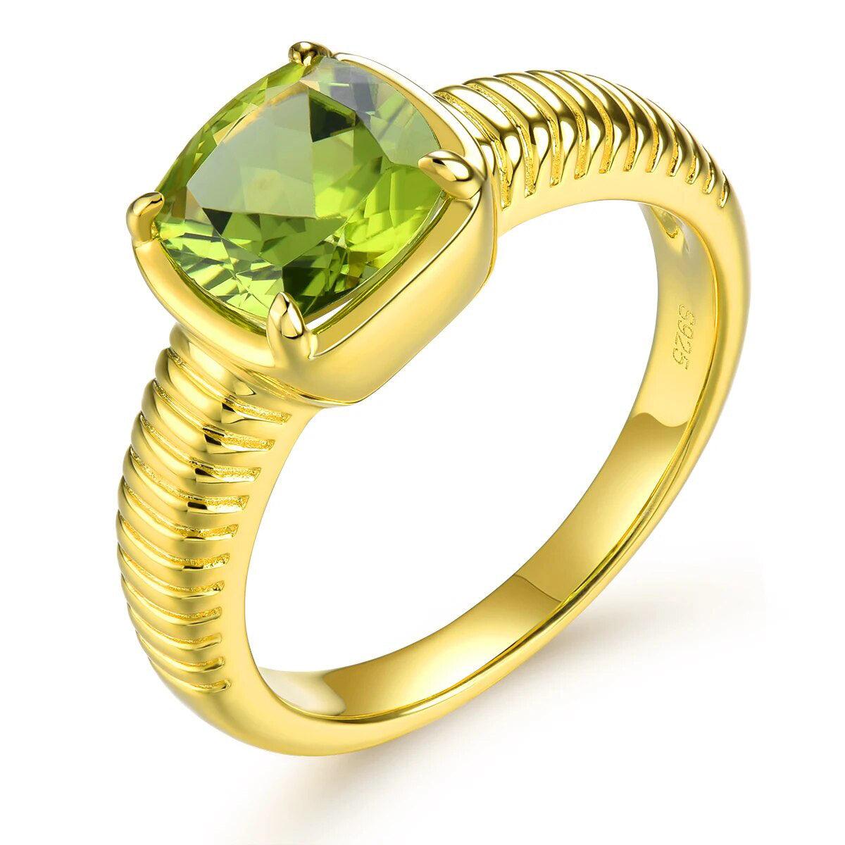 Elegant Vintage Natural Peridot Ring in Sterling Silver with Yellow Gold Plating - 2.5 Carats Classic Fine Jewelry - Lucid Fantasy 